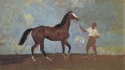 Sir Alfred Munnings,P.R.A The Racehorse 'Amberguity'  Held by Tom Slocombe oil